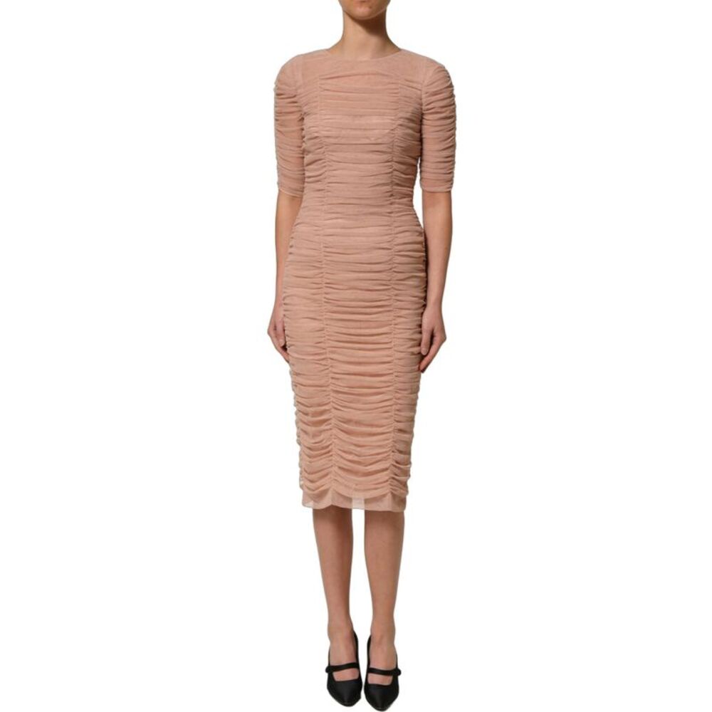 Dolce & Gabbana Beige Cotton Mesh Ruched Sheath Midi Women's Dress